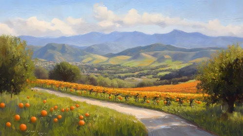 Vineyard Vista with Pumpkins and Rolling Hills