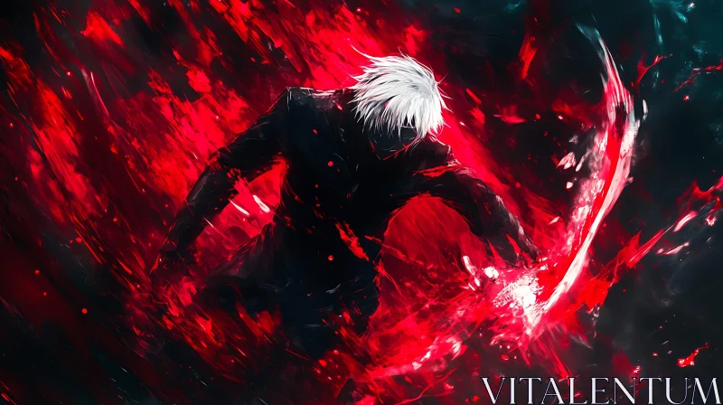 White-Haired Anime Warrior in Red Battle Scene