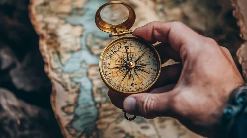 Antique Compass Navigating Old World Map