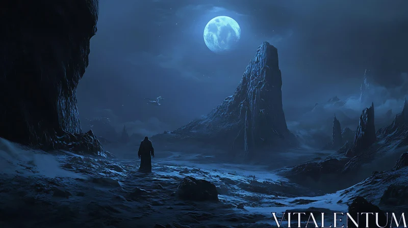 Eerie Lunar Scene with Solitary Wanderer