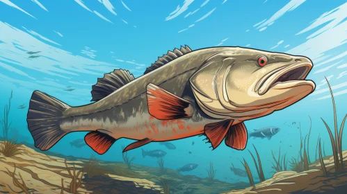 Intricate Bass Fishing Illustration in Graphic Novel Style