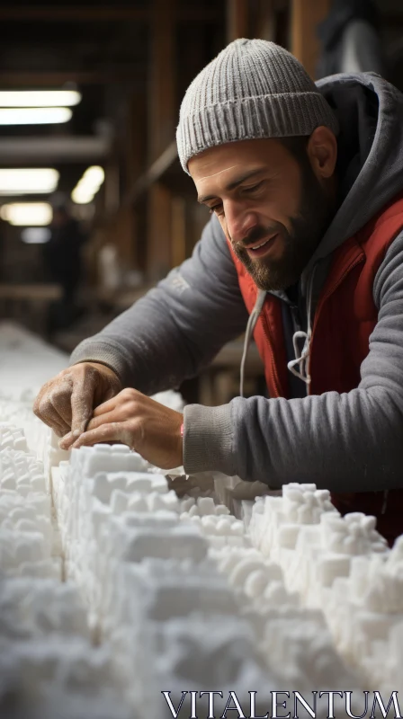 Man Crafting Marble Boxes in Industrial Setting AI Image