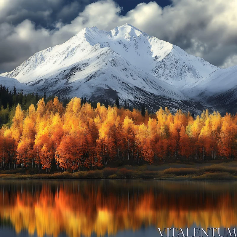 Snowy Peaks and Golden Trees Landscape AI Image