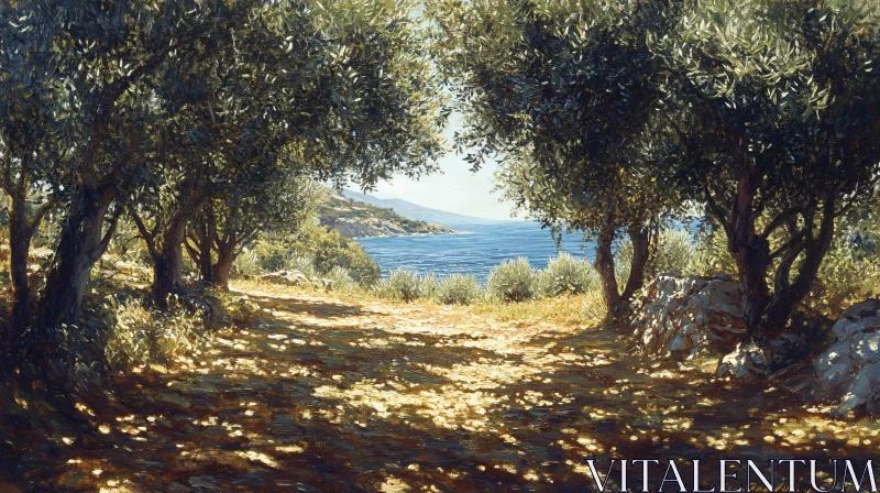 AI ART Sunlit Path through Trees to the Sea