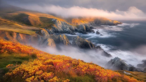 Misty Coastline with Vibrant Flower Foreground