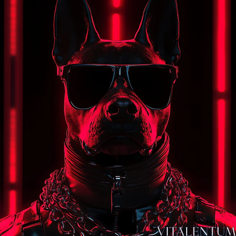 Techno Dog with Chains and Red Neon AI Image