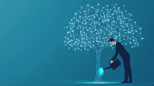 Digital Growth: Man Watering Tech Tree