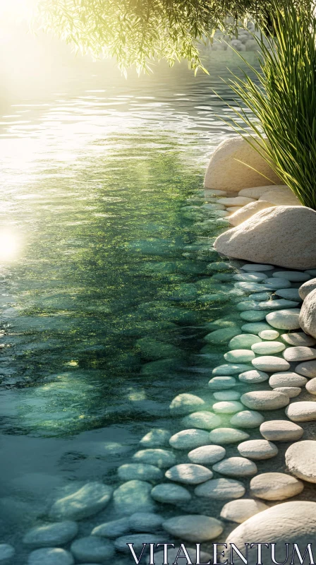 Tranquil Pebble-Laden Riverside AI Image