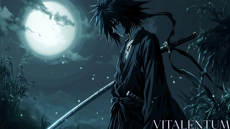 Mysterious Night Samurai Anime Scene AI Image