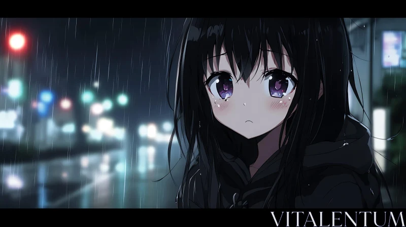 Melancholic Anime Girl in Rain AI Image