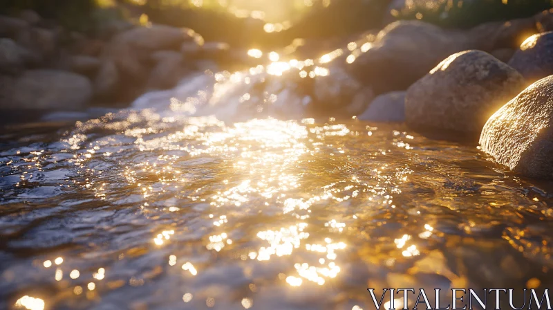 Peaceful River with Sunlit Water and Rocks AI Image