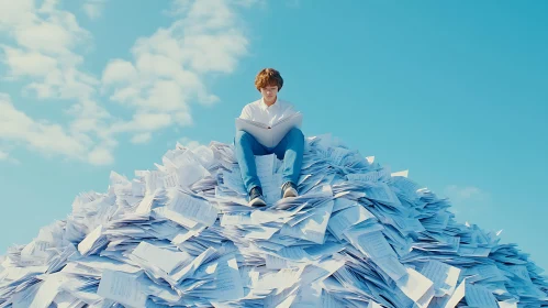 Man Reading on Paper Pile