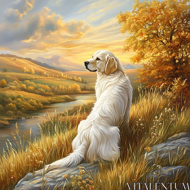 Golden Dog in Sunset Landscape AI Image