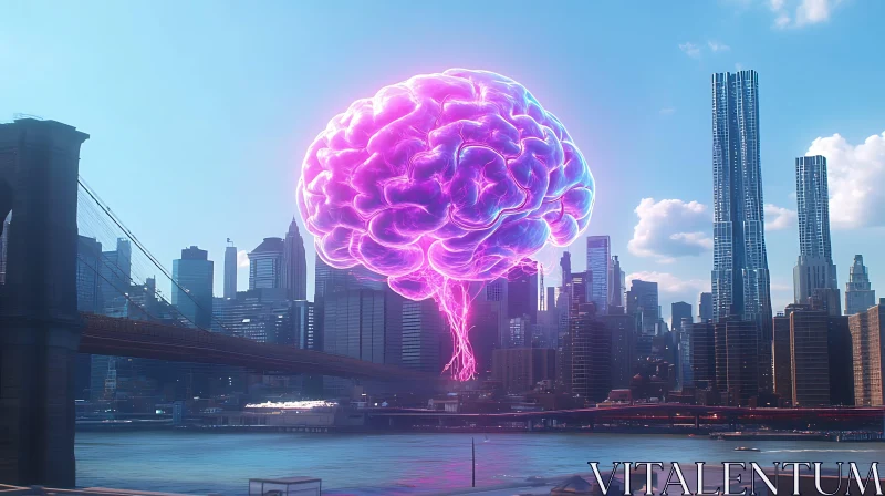 AI ART Glowing Brain Over Urban Skyline