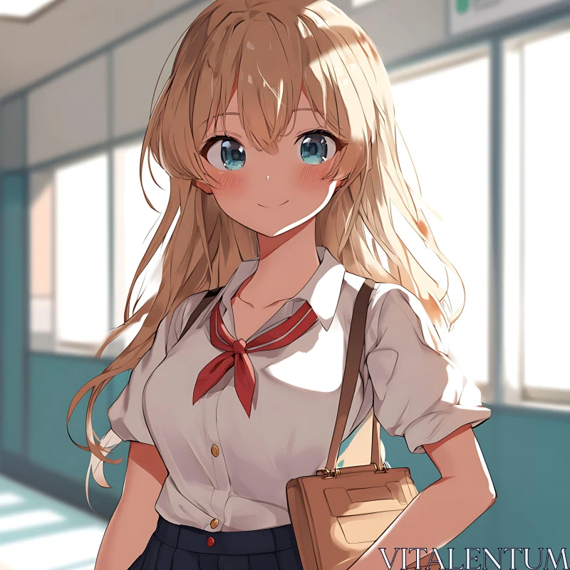 Cheerful Anime School Girl with Backpack AI Image