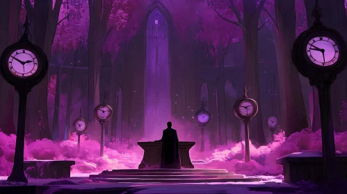 Mystical Purple Forest with Ancient Clocks