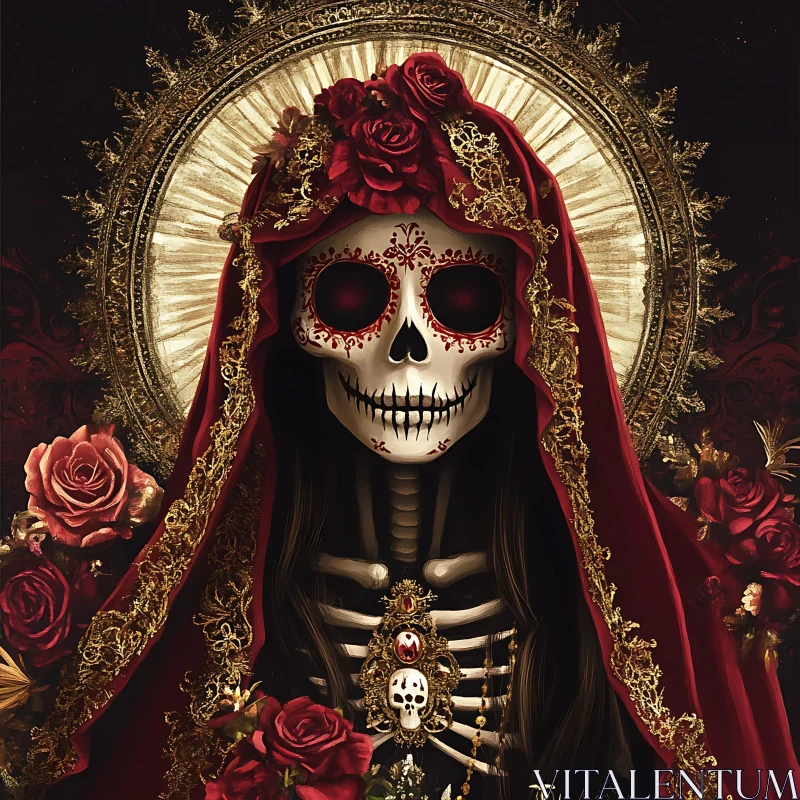 Macabre Skeleton Art with Red Roses AI Image