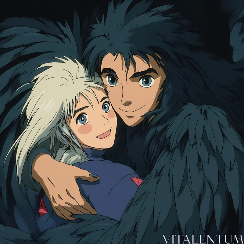 Fantasy Anime Embrace with Feathers AI Image