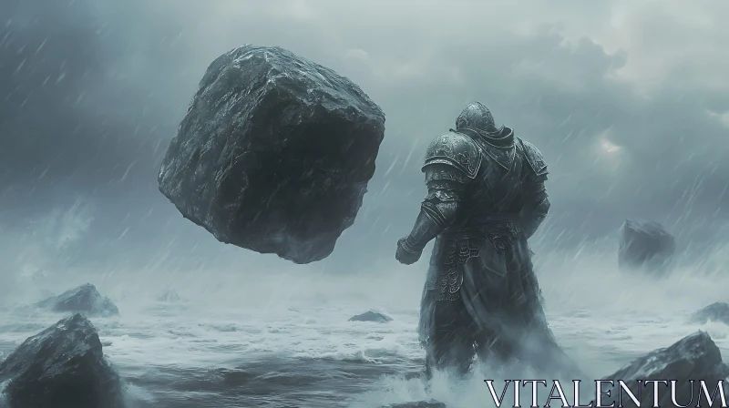 Armored Figure by the Sea with Floating Rock AI Image