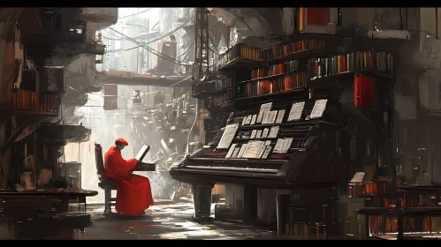 Red Robe Pianist Amidst Ancient Books