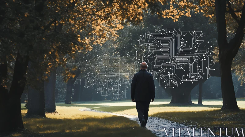 Man Walking with Circuit Board Overlay AI Image