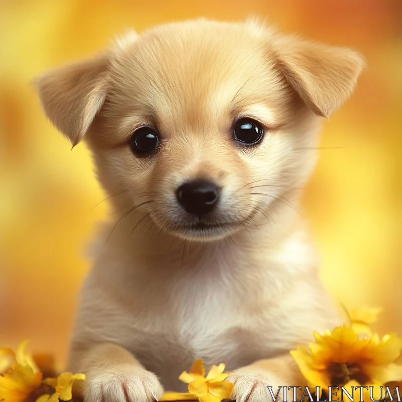 Cute Puppy Surrounded by Yellow Flowers AI Image