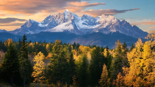 Snowy Peaks and Autumnal Forest