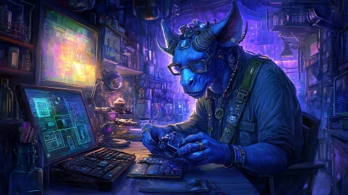 Blue Cyborg Tinkering with Technology