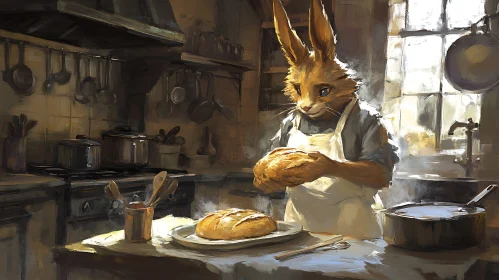 Anthropomorphic Rabbit Baking Bread