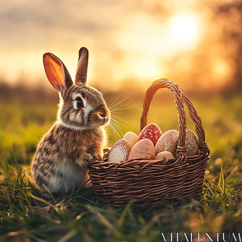 Rabbit and Decorated Eggs in Basket AI Image