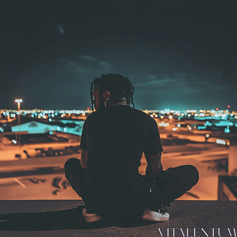 Man Overlooking City Lights at Night AI Image