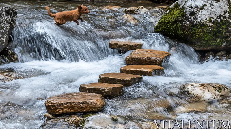 Dog Jumping Over Waterfall Stones AI Image