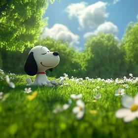 Cartoon Dog Enjoying Sunny Day in Green Field