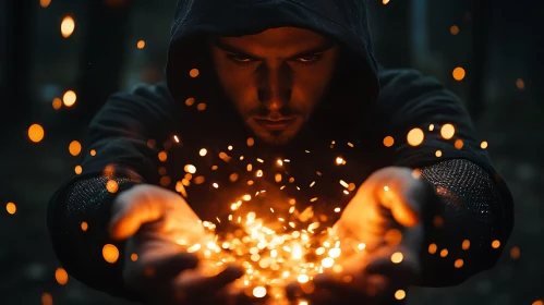 Hooded Figure Holding Glowing Embers