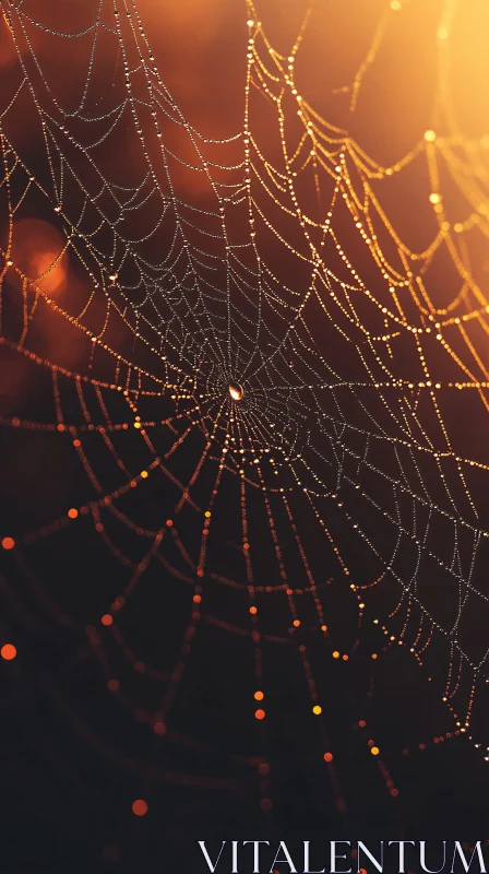 Golden Light on Dewy Spiderweb AI Image