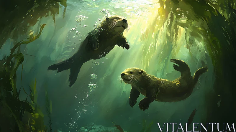 Underwater Otters in Kelp Forest AI Image