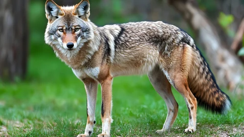 Wild Coyote Standing in Green Field