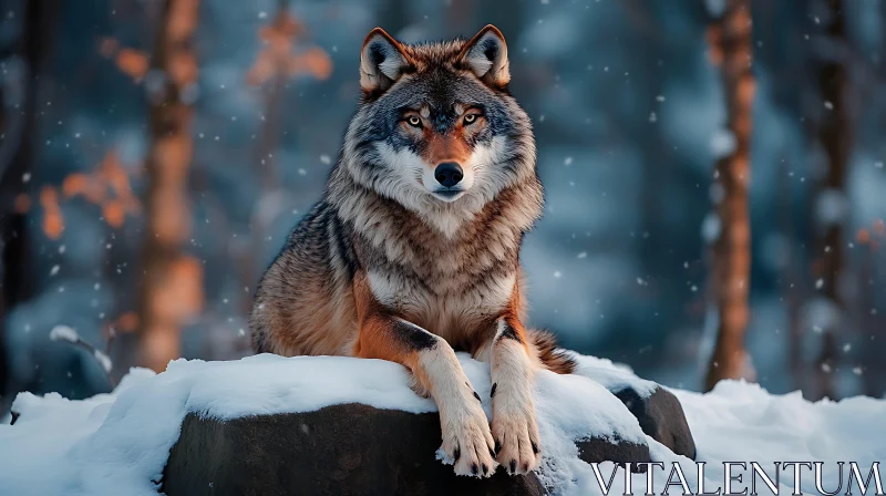 Wolf on Snowy Rock AI Image