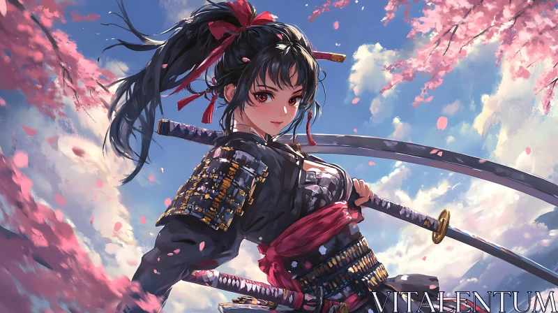 Warrior Woman in Cherry Blossom Scene AI Image