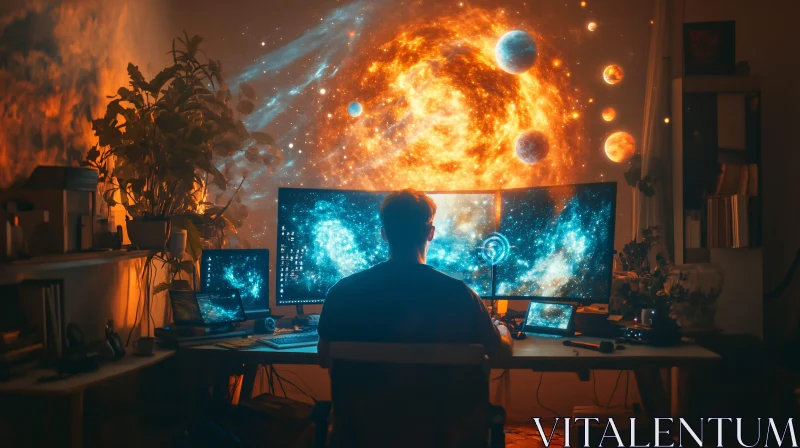 AI ART Futuristic Workstation with Planetary Projection