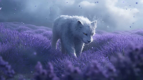 White Fox Walking Through Lavender Field