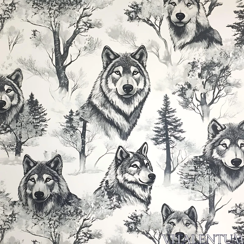 Monochrome Wolves and Forest Design AI Image