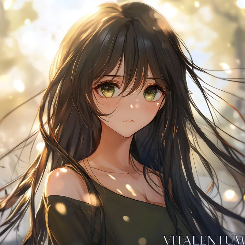 Sunlit Anime Portrait of a Green-Eyed Girl AI Image