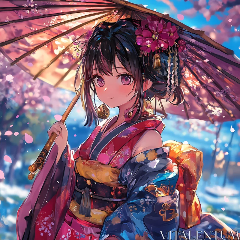 Traditional Japanese Anime Art with Kimono and Cherry Blossoms AI Image