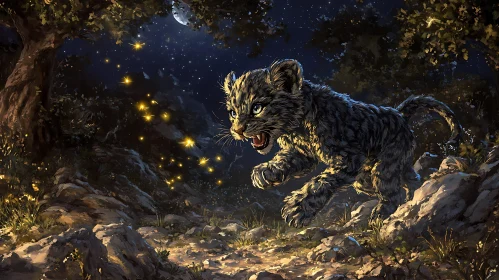 Leaping Leopard Cub in Starlight