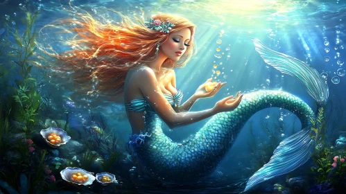 Underwater Mermaid with Pearl Illustration