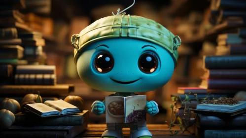 Enthralling Blue Cartoon Figure Immersed in Reading - Loving Books