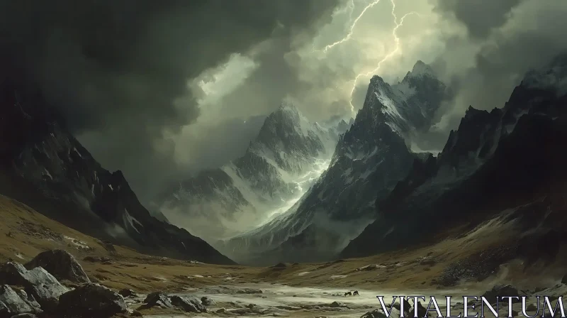 AI ART Gloomy Mountains and Lightning