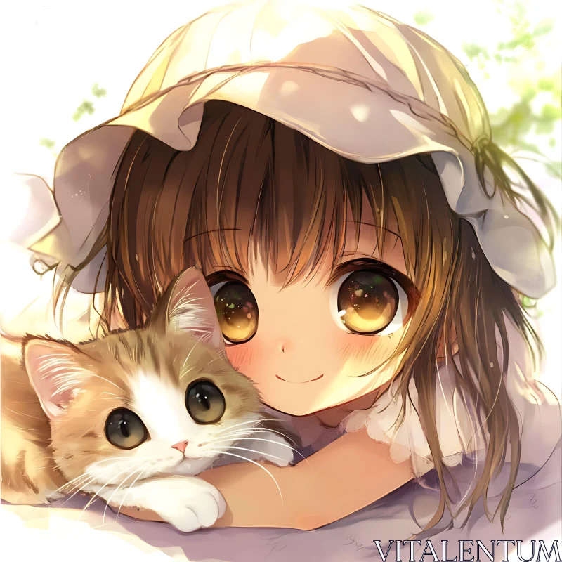 Heartwarming Anime Artwork of Girl and Cat AI Image