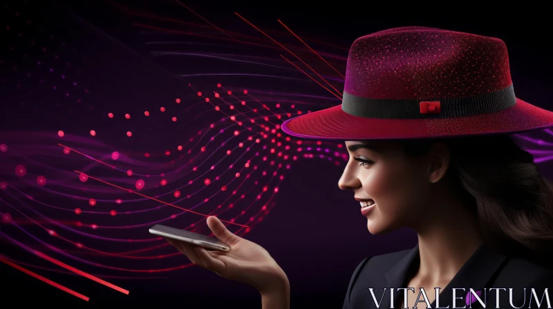 Futuristic Fashion: Woman in Dark Purple Hat Holding Cell Phone AI Image